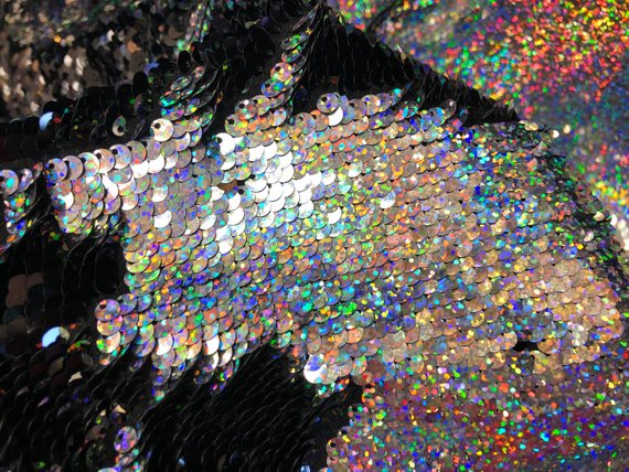Mermaid Sequins Fabric Black/Silver Hologram Flip up Sequins Reversible Nightgowns-Prom By The Yard