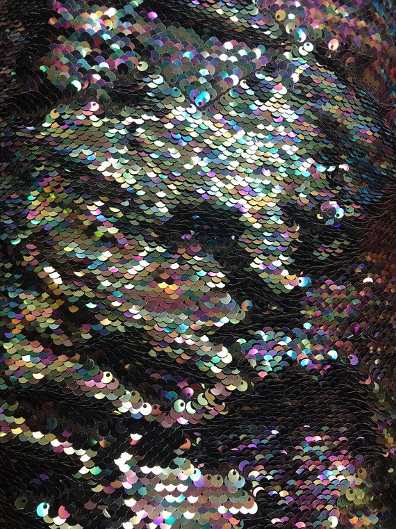 Flip Up Sequins Mermaid Sequins Fabric Black Multi-Color Reversible 2 Way Stretch Prom-Gown By Yard