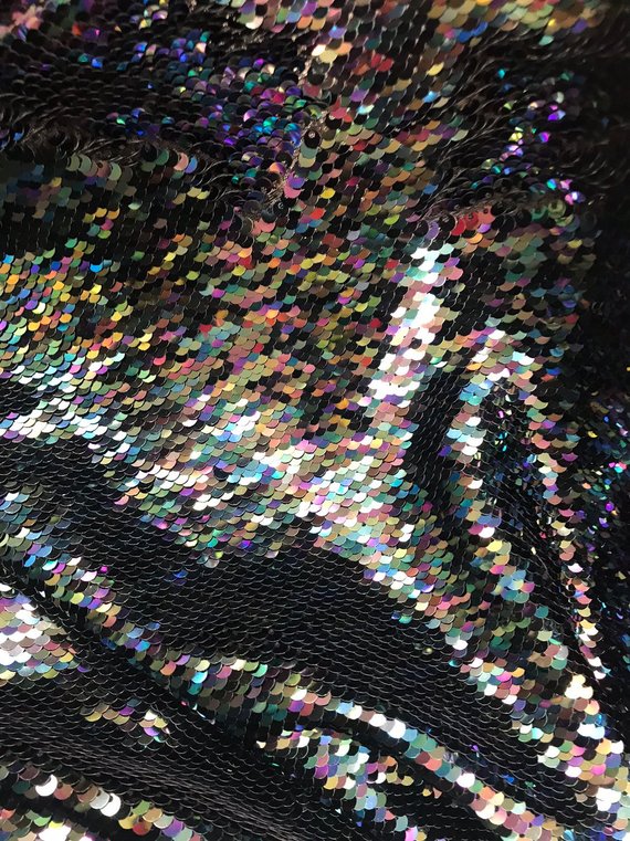 Flip Up Sequins Mermaid Sequins Fabric Black Multi-Color Reversible 2 Way Stretch Prom-Gown By Yard