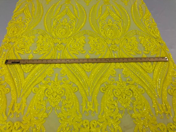 Big Damask Sequins Fabric - Yellow - 4 Way Stretch Damask Sequins Design Fabric By Yard