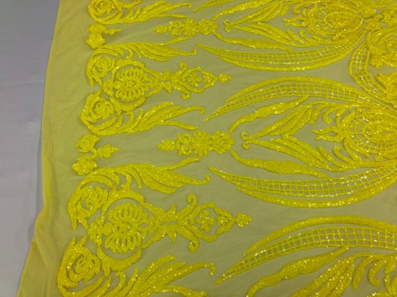 Big Damask Sequins Fabric - Yellow - 4 Way Stretch Damask Sequins Design Fabric By Yard