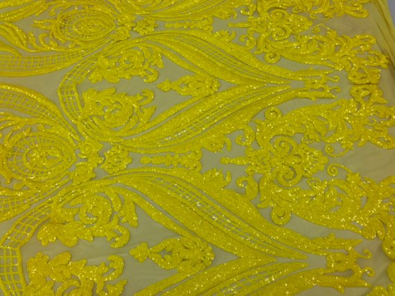 Big Damask Sequins Fabric - Yellow - 4 Way Stretch Damask Sequins Design Fabric By Yard