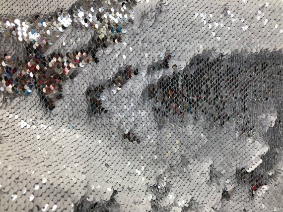 Sequins Fabric Flip Up Sequins Reversible White/Silver Mermaid Dresses-Nightgowns-Prom Gown By Yard