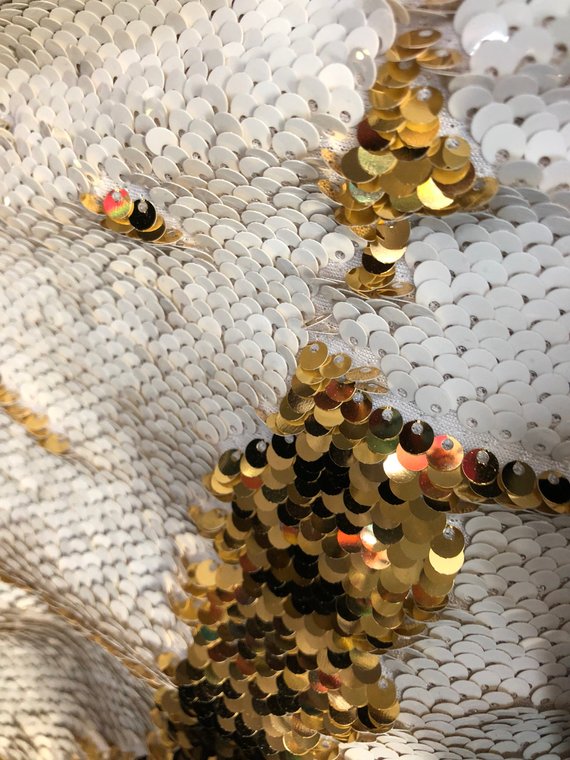Sequins Fabric White-Gold Sequins Flip Up Sequins Reversible Dresses-Nightgowns-Prom Gowns-By Yard