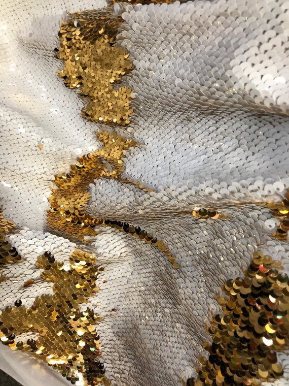 Sequins Fabric White-Gold Sequins Flip Up Sequins Reversible Dresses-Nightgowns-Prom Gowns-By Yard