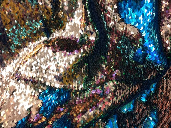 Flip Up Sequins Reversible Turquoise Shiny-Gold Sequins Fabric Nightgowns-Prom Gown By The Yard