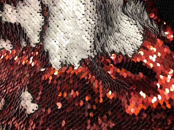 Flip Up Sequins Reversible Red Shiny-Matte White Sequins Fabric Nightgowns-Prom Gown By The Yard