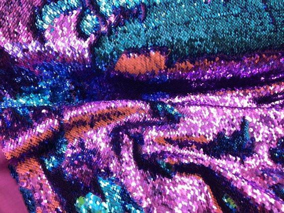 Flip Up Sequins Reversible Purple-Turquoise Shiny Sequins Fabric Nightgowns-Prom Gown By The Yard