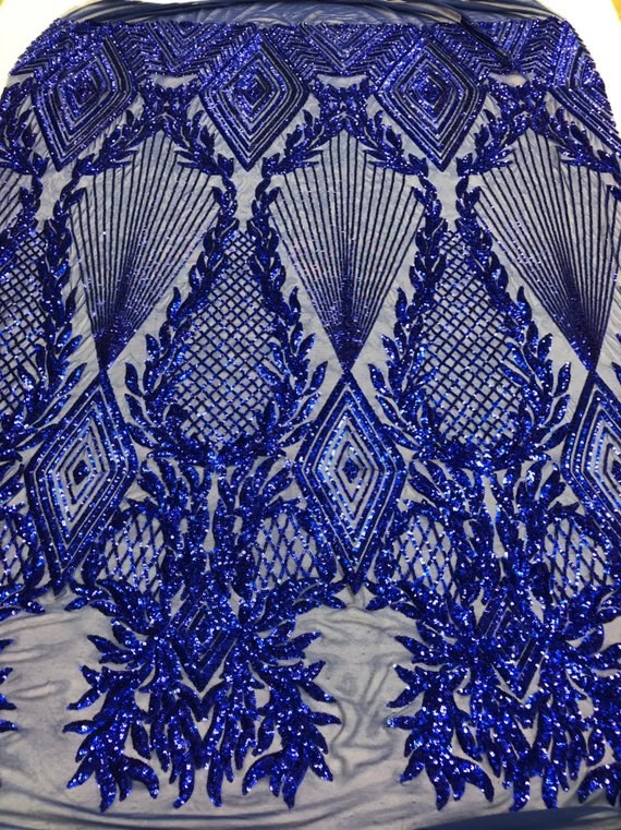 Sequins 4 Way Stretch Shiny Fabric with Triangle Net Pattern - Royal Blue - Fabric Sold by The Yard