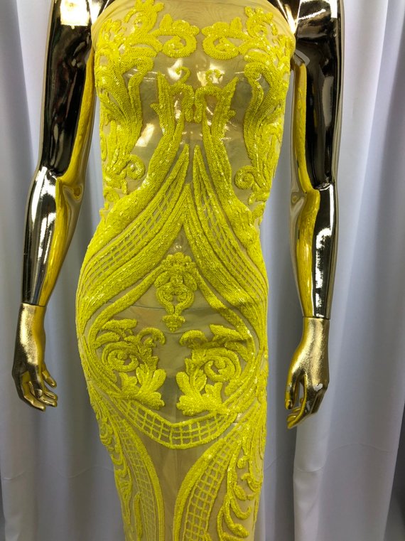Big Damask Sequins Fabric - Yellow - 4 Way Stretch Damask Sequins Design Fabric By Yard