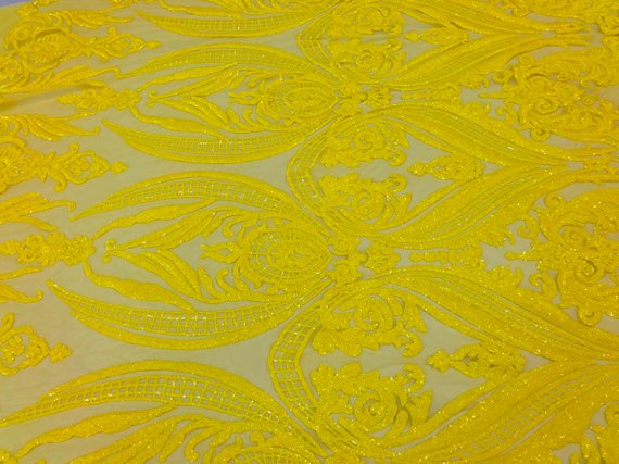 Big Damask Sequins Fabric - Yellow - 4 Way Stretch Damask Sequins Design Fabric By Yard