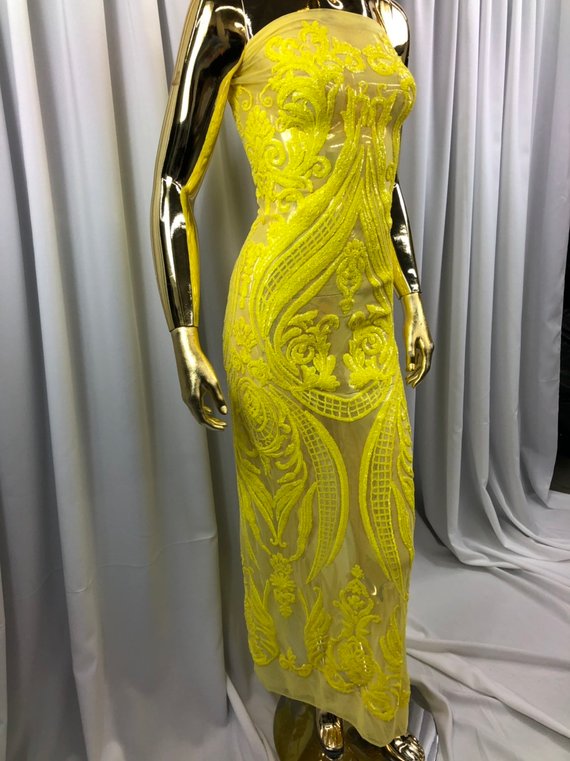 YELLOW 4 Way Stretch Mesh - Sequins Pattern Elegant Design Mesh Fabric Sold By The Yard