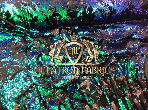 Velvet 4 Way Stretch Shiny Reversible Sequins Fabric Iridescent Green/Black On Black Velvet By Yard