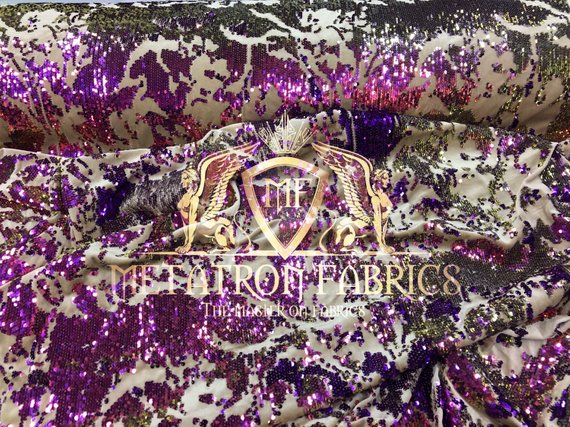 Velvet 4 Way Stretch Shiny Reversible Sequins Fabric Iridescent Purple/Purple On Velvet By Yard