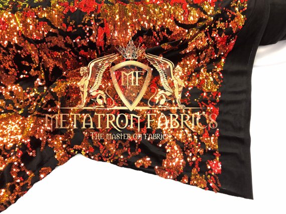 Velvet 4 Way Stretch Shiny Reversible Sequins Fabric Iridescent Orange/ RedOn Black Velvet By Yard