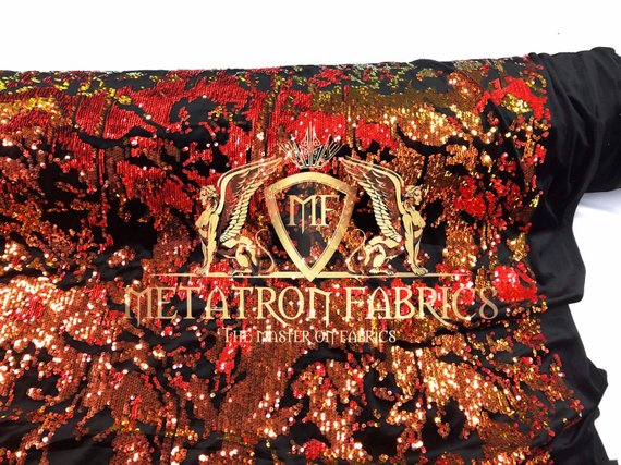 Velvet 4 Way Stretch Shiny Reversible Sequins Fabric Iridescent Orange/ RedOn Black Velvet By Yard
