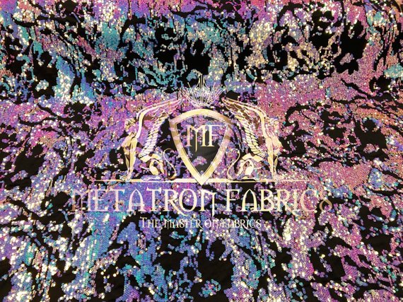 Velvet 4 Way Stretch Shiny Reversible Sequins Fabric Iridescent Aqua/Pink On Black Velvet By Yard