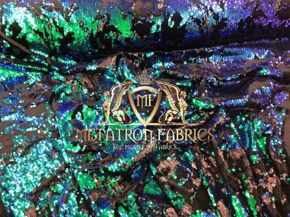 Velvet 4 Way Stretch Shiny Reversible Sequins Fabric Iridescent Green/Black On Black Velvet By Yard