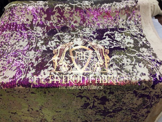 Velvet 4 Way Stretch Shiny Reversible Sequins Fabric Iridescent Purple/Purple On Velvet By Yard