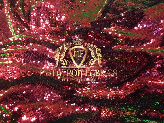Sequins Fabric Iridescent Red-Green Flip Up 2 Way Stretch Shiny Reversible,Nightgowns-Prom By Yard