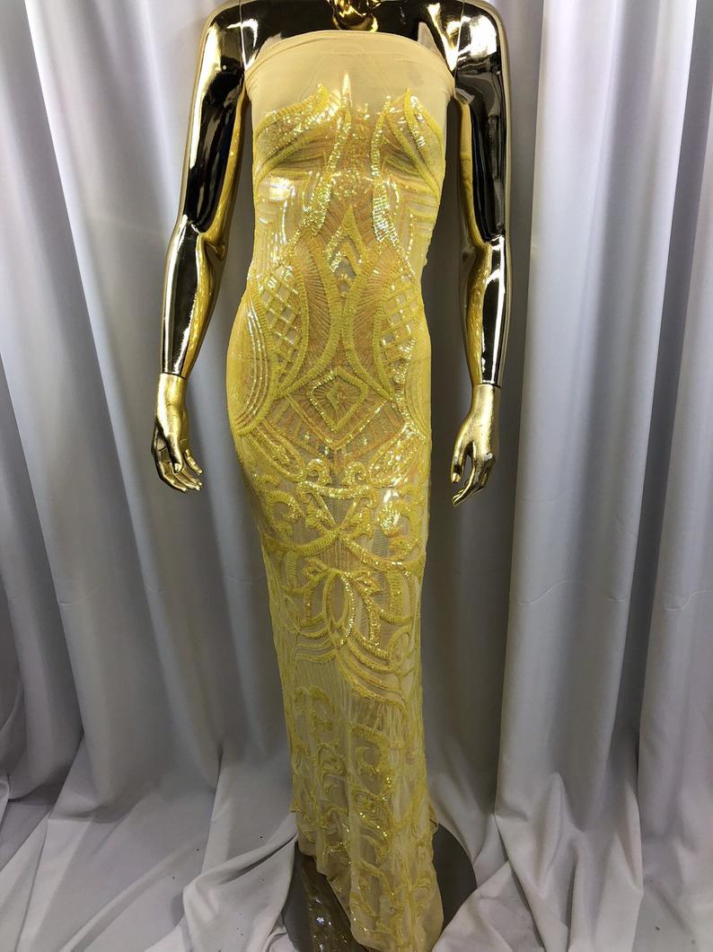 Iridescent Yellow Sequin - 4 Way Stretch Embroidered Royalty Sequins Fancy Design Fabric By Yard