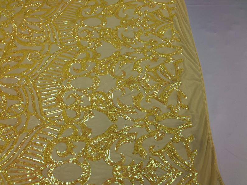Iridescent Yellow Sequin - 4 Way Stretch Embroidered Royalty Sequins Fancy Design Fabric By Yard