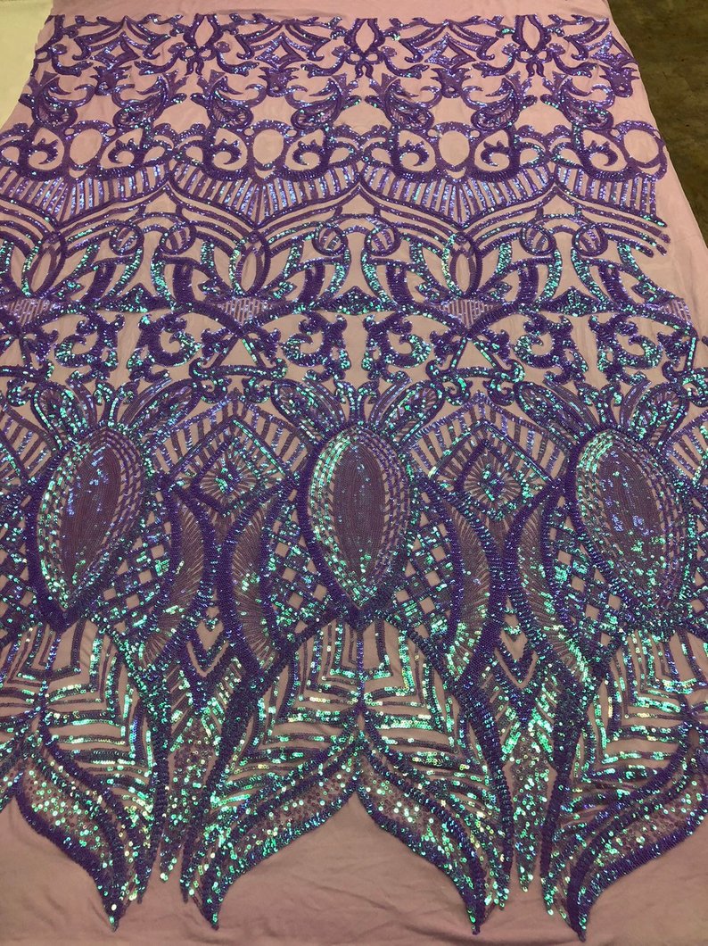 Iridescent Lilac Sequin - 4 Way Stretch Embroidered Royalty Sequins Fancy Design Fabric By Yard
