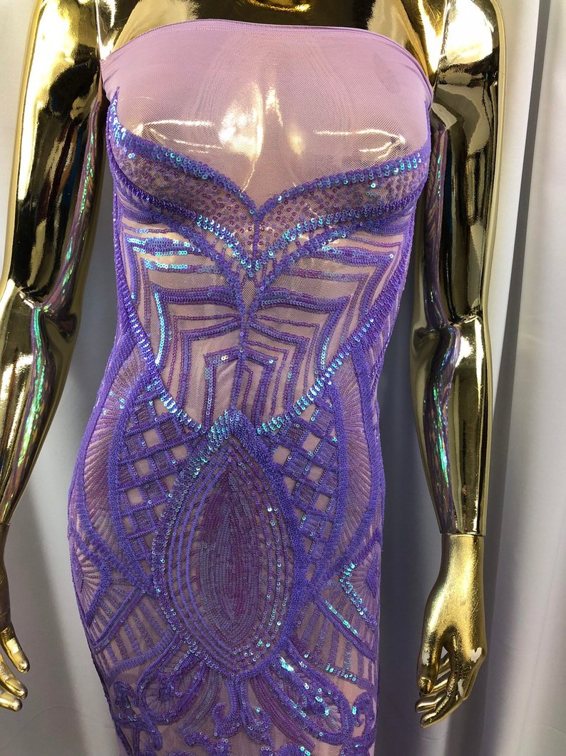 Iridescent Lilac Sequin - 4 Way Stretch Embroidered Royalty Sequins Fancy Design Fabric By Yard