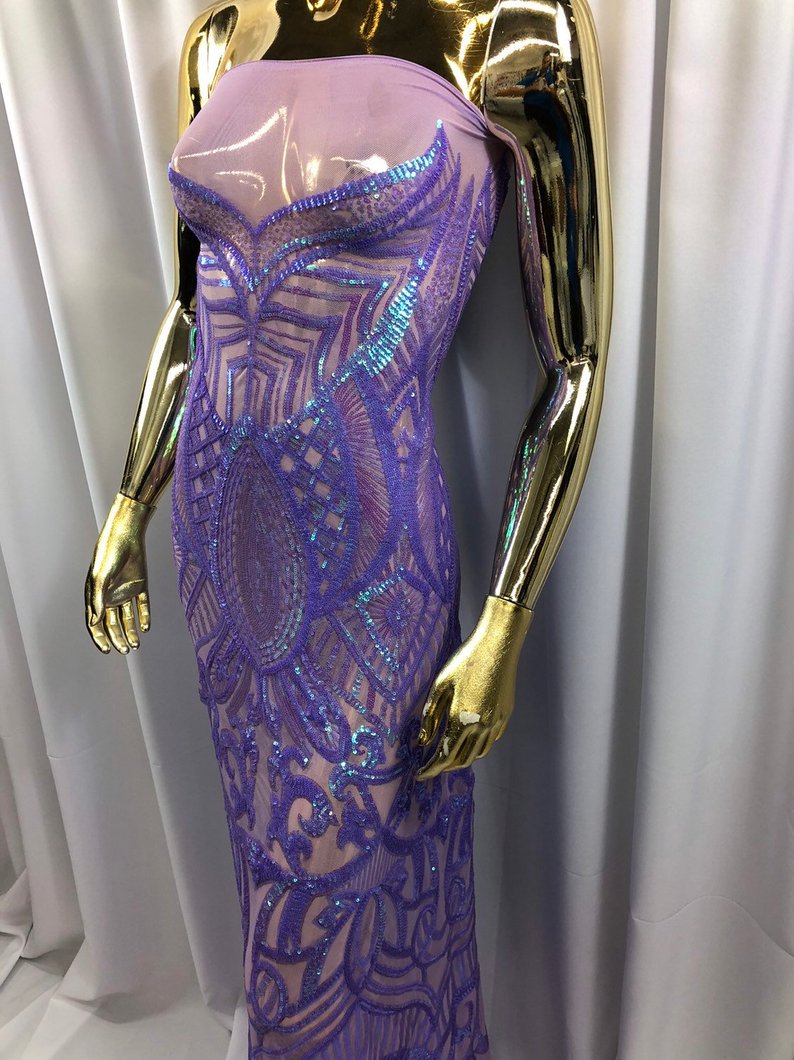Iridescent Lilac Sequin - 4 Way Stretch Embroidered Royalty Sequins Fancy Design Fabric By Yard
