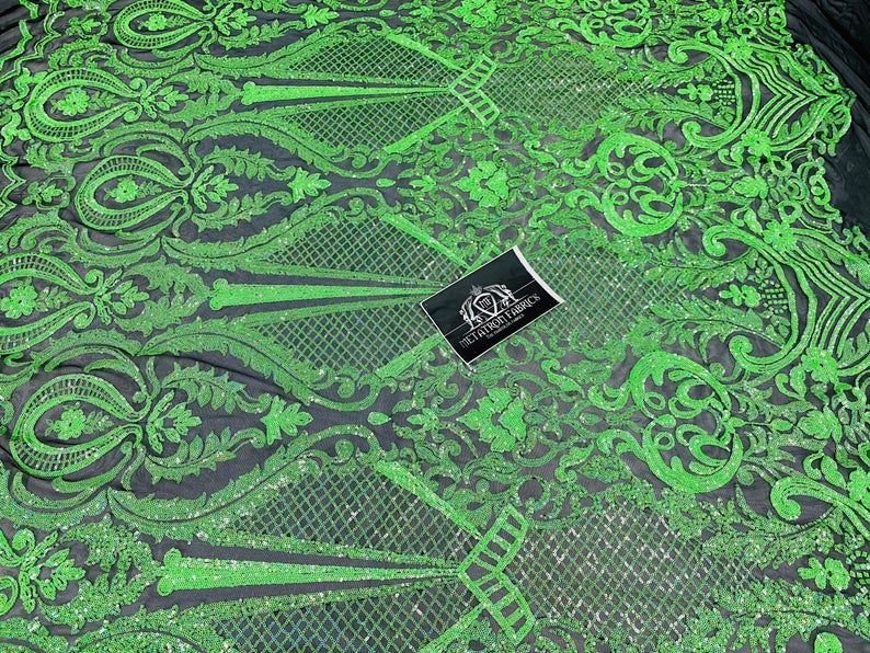 4 Way Stretch Fabric - Neon Green - Fancy Pattern Design Sequins Fashion Fabric Mesh By Yard