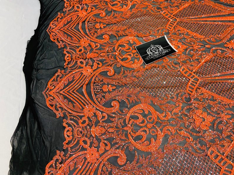 4 Way Stretch Fabric - Neon Orange - Fancy Pattern Design Sequins Fashion Fabric Mesh By Yard