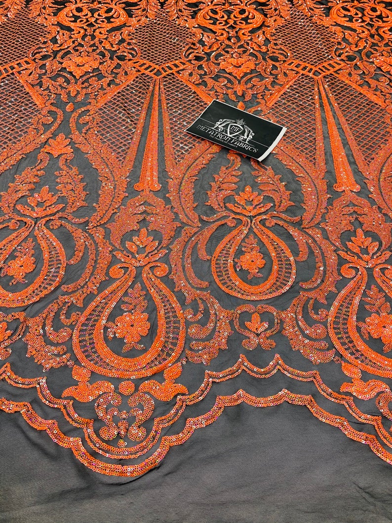 4 Way Stretch Fabric - Neon Orange - Fancy Pattern Design Sequins Fashion Fabric Mesh By Yard