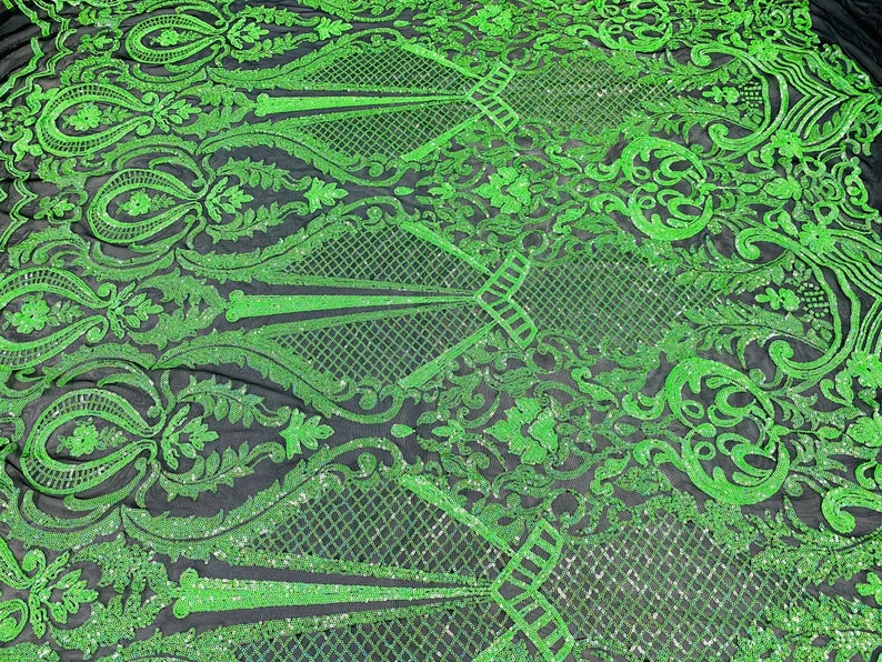 4 Way Stretch Fabric - Neon Green - Fancy Pattern Design Sequins Fashion Fabric Mesh By Yard
