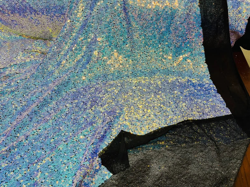 Mini Glitz Sequins - Iridescent Unicorn on Black - Mini Sequins on 4 Way Stretch Lace Mesh Fabric