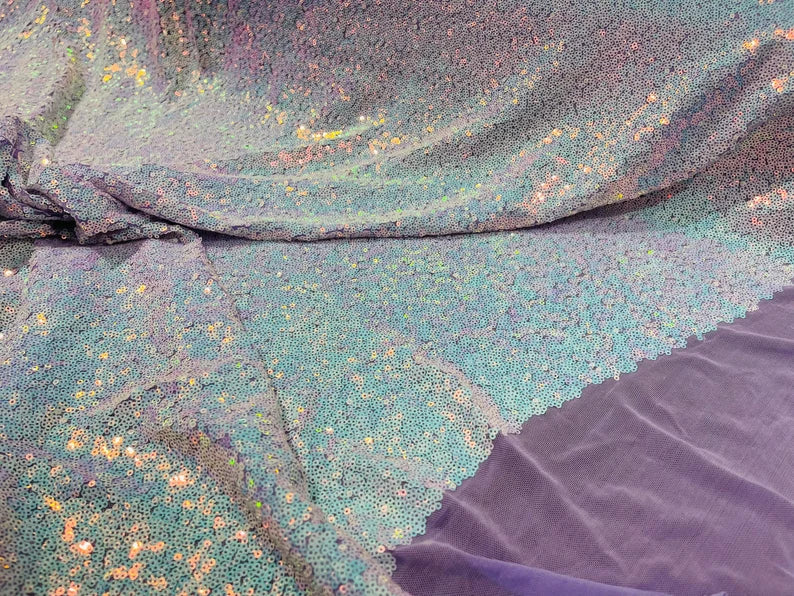 Mini Glitz Sequins -  Iridescent Unicorn on Lilac - Mini Sequins on 4 Way Stretch Lace Mesh Fabric