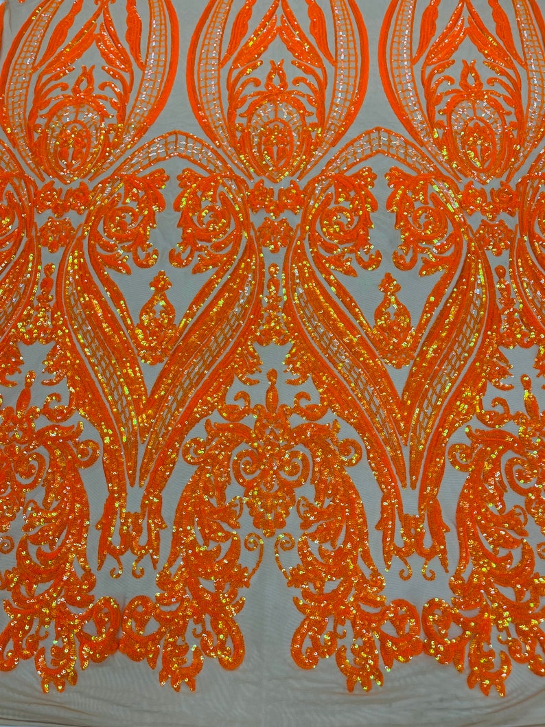 Big Damask Sequins Fabric - Orange Iridescent Nude - 4 Way Stretch Damask Sequins Design Fabric By Yard