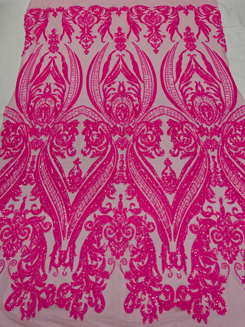 Big Damask Sequins Fabric - Hot Pink - 4 Way Stretch Damask Sequins Design Fabric By Yard