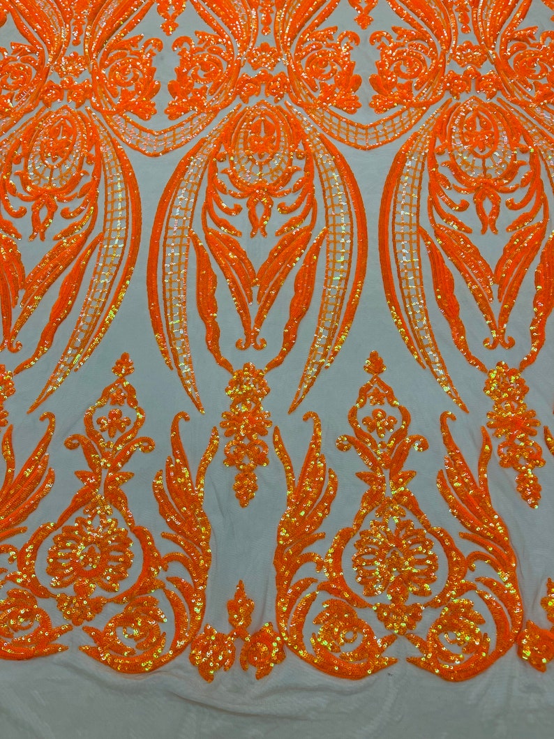 Big Damask Sequins Fabric - Orange Iridescent Nude - 4 Way Stretch Damask Sequins Design Fabric By Yard