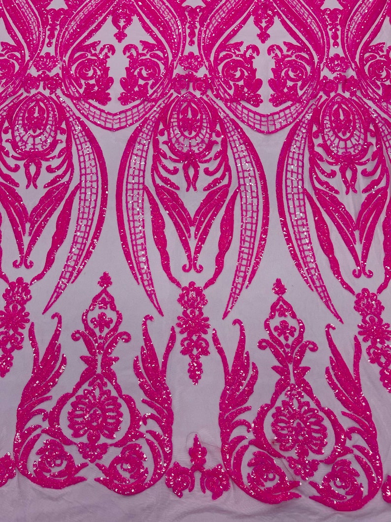 Big Damask Sequins Fabric - Hot Pink - 4 Way Stretch Damask Sequins Design Fabric By Yard