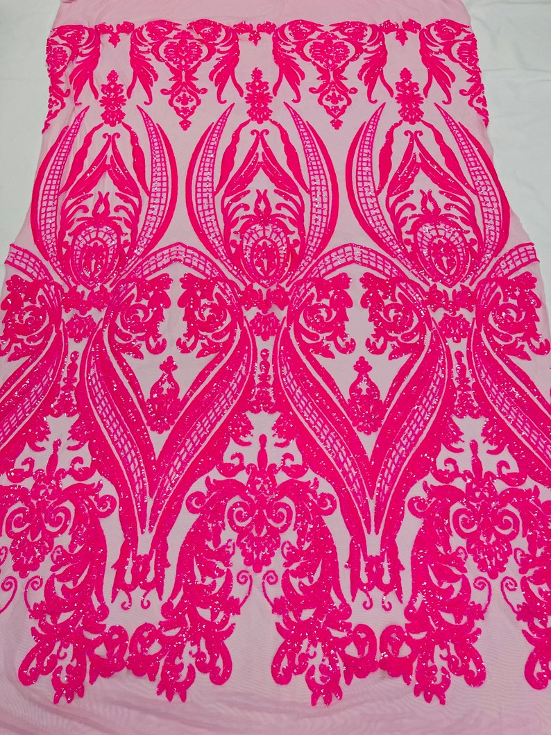 Big Damask Sequins Fabric - Hot Pink - 4 Way Stretch Damask Sequins Design Fabric By Yard