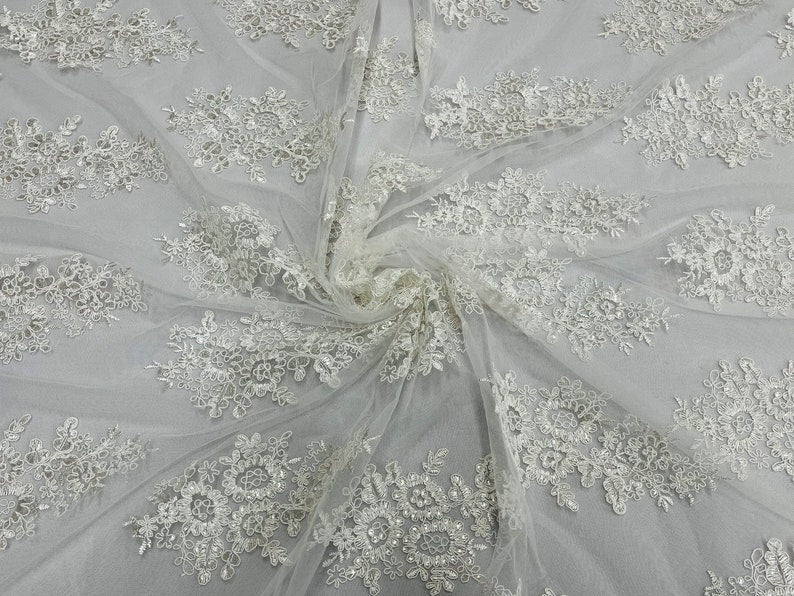 Flower Lace Fabric - Off-White - Fancy Embroidery Design With Sequins on a Mesh
