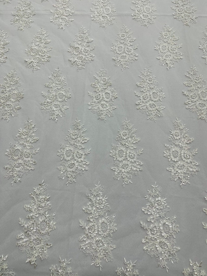 Flower Lace Fabric - Off-White - Fancy Embroidery Design With Sequins on a Mesh