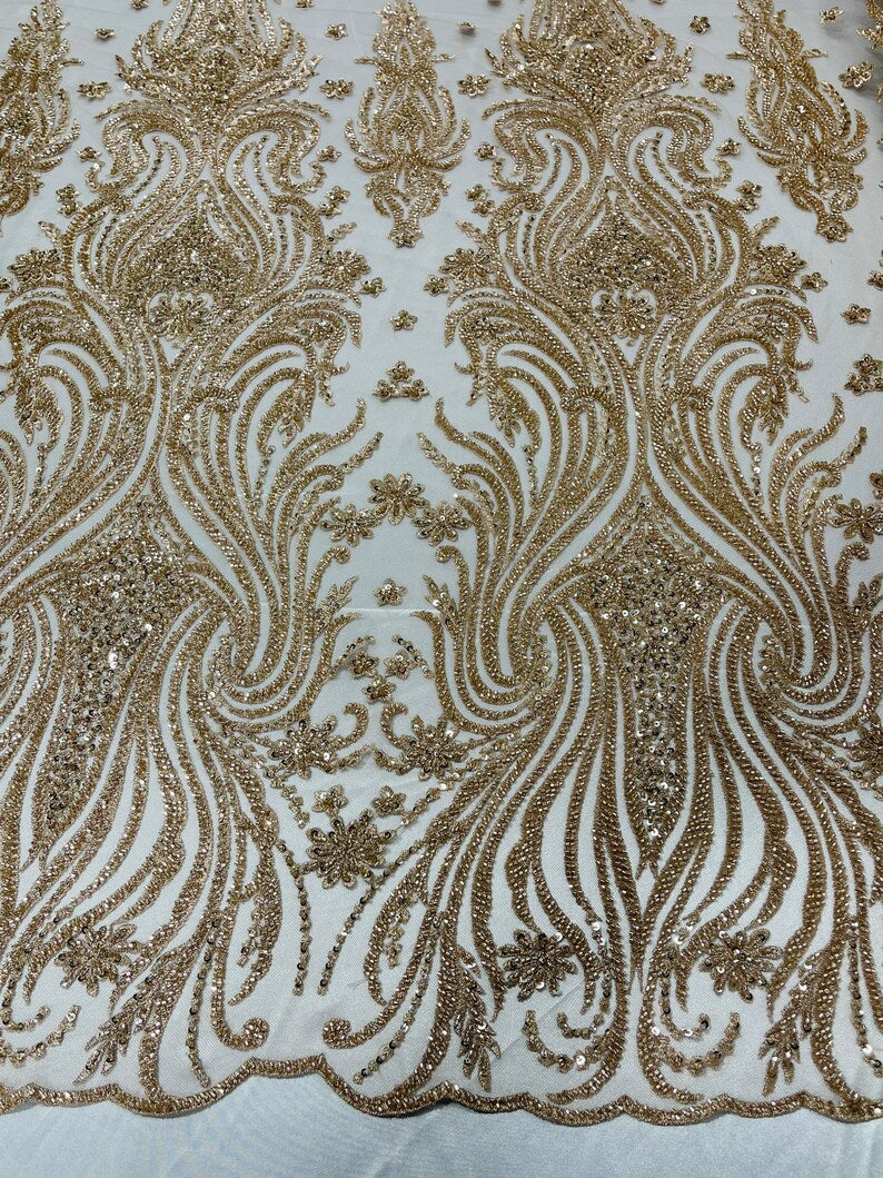 Luxury Bead Design - Rose Gold - Floral Fabric Embroidered w/ Pearls-Beads on Mesh Lace By Yard