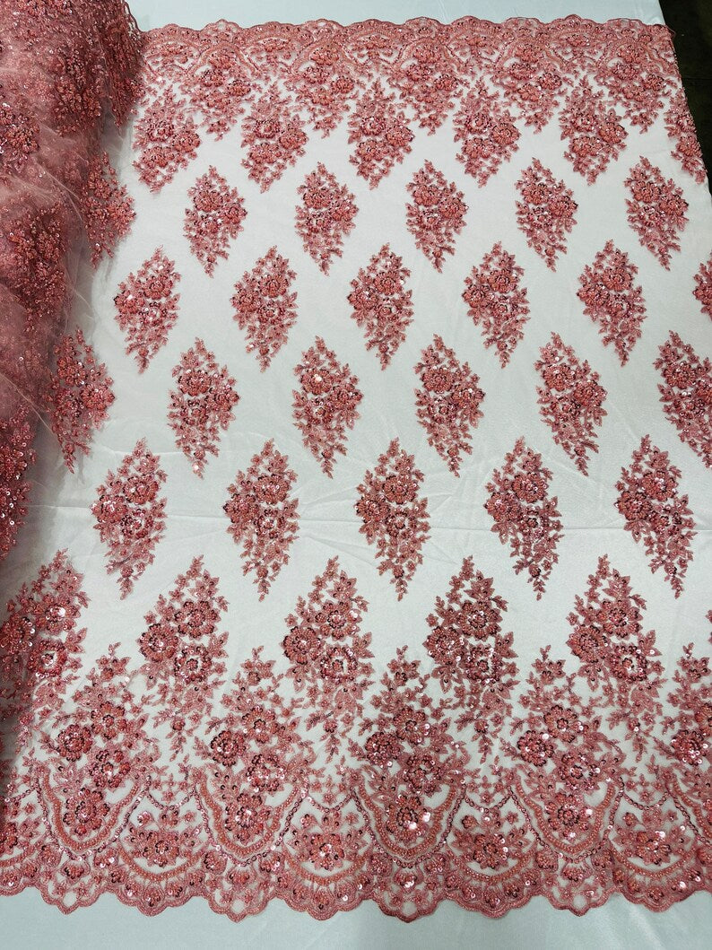 Floral Cluster Bead Fabric - Dusty Rose - Sold By The Yard - Embroidered Flower Beaded Fabric