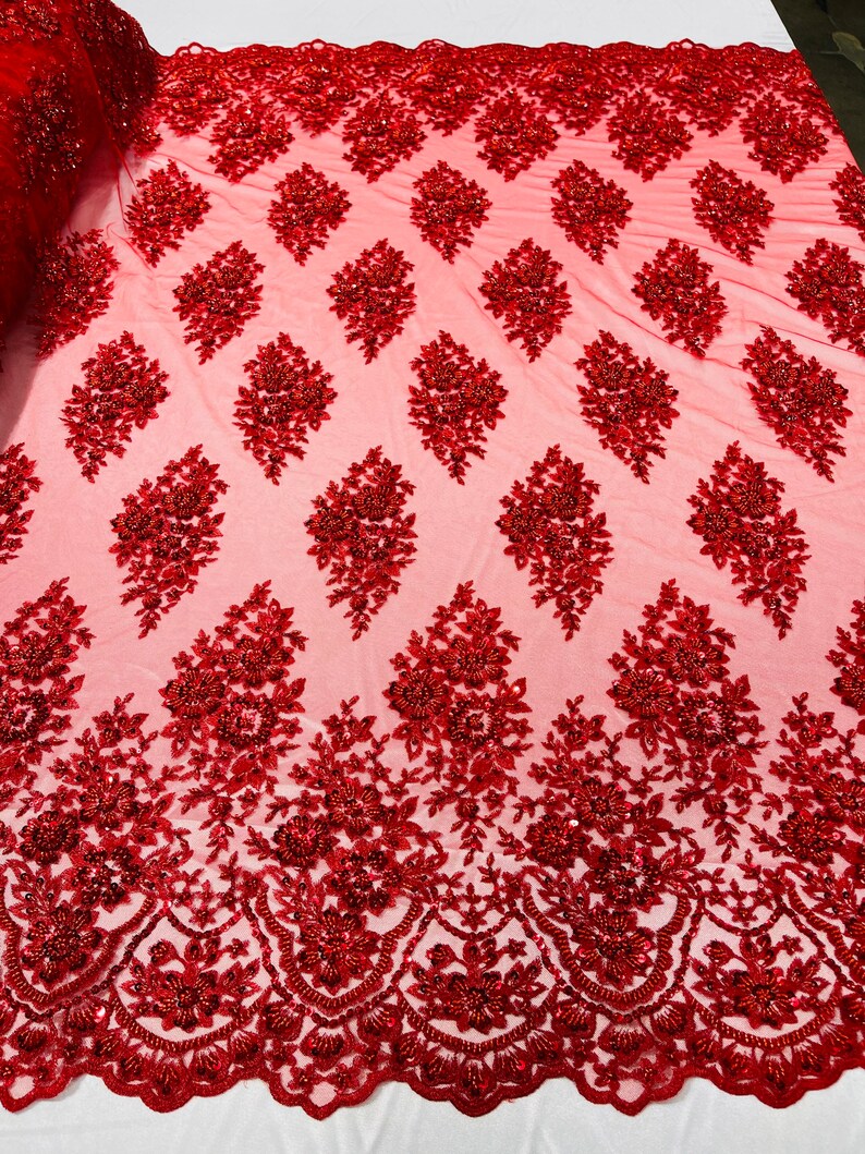 Floral Cluster Bead Fabric - Red - Sold By The Yard - Embroidered Flower Beaded Fabric