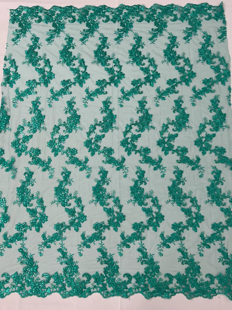 Floral Lace Fabric - Flowers Embroidery Sequins Mesh Design Fabric - 25 Yard Roll