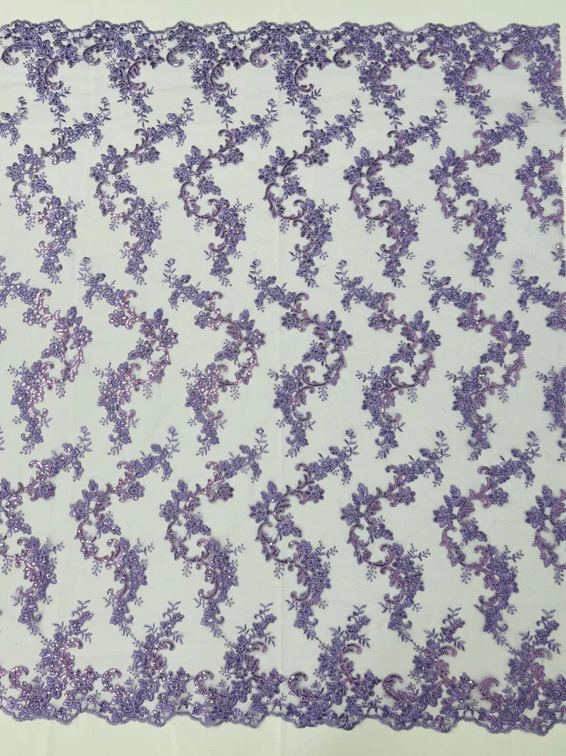 Floral Lace Fabric - Lavender - Embroidered Flower Clusters with Sequins on a Mesh Lace By Yard