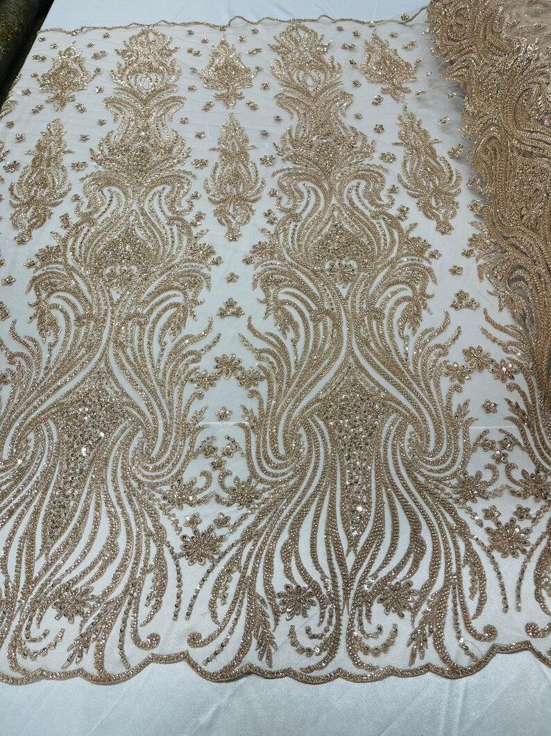 Luxury Bead Design - Rose Gold - Floral Fabric Embroidered w/ Pearls-Beads on Mesh Lace By Yard