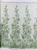 Flower 3D Fabric - Sage Green - Embroided Fabric Flower Pearls and Leaf Decor Sold by The Yard