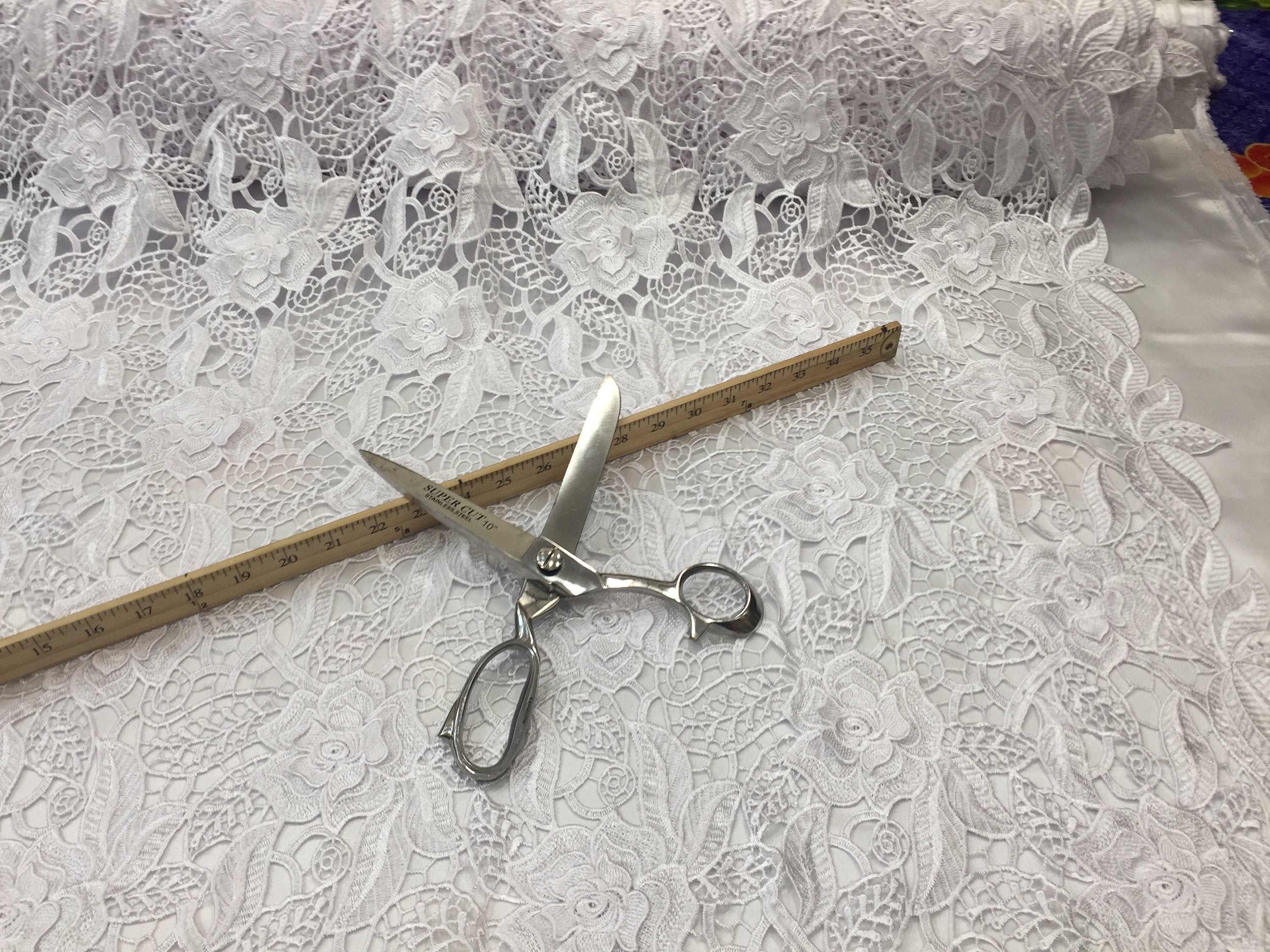 Guipure Lace Fabric - White - Embroidered Bridal Wedding Dress Design Fabrics Sold By The Yard